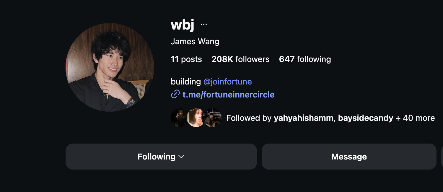 James Wang Instagram profile showing 208K followers.